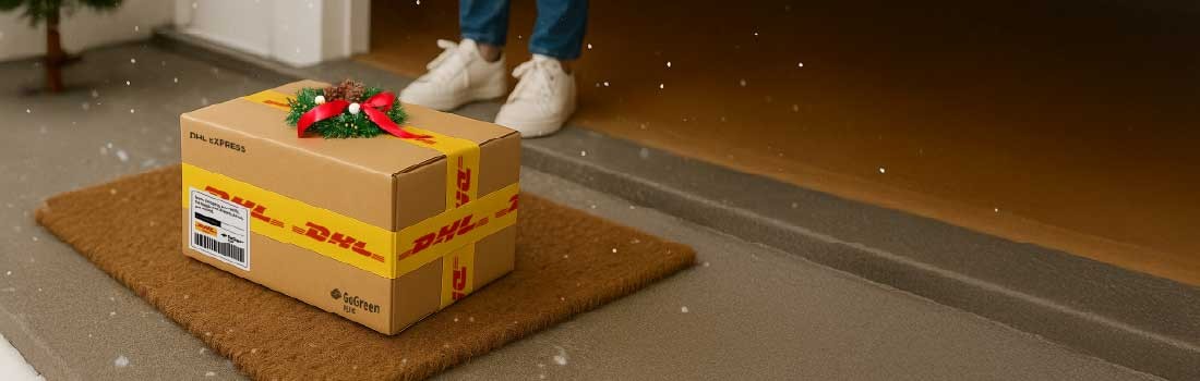 Christmas gift in a DHL box on a doorstep