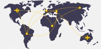 DHL Expressの貨物機がグローバルに貨物を運んでいるイラスト